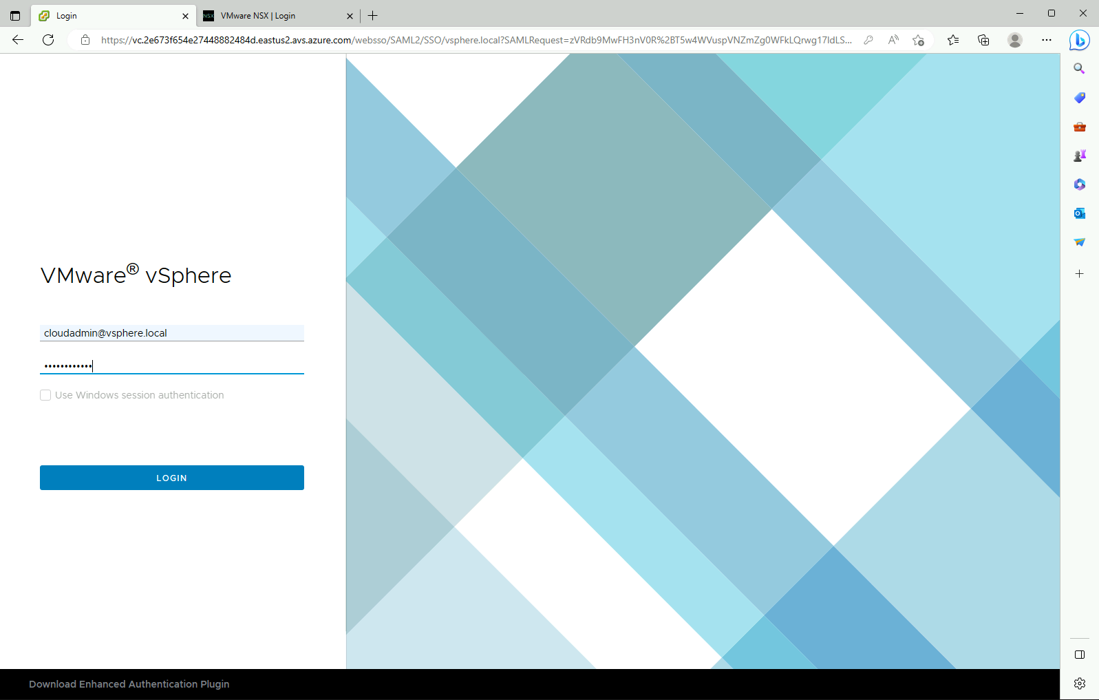 Cuplikan layar yang menunjukkan halaman masuk VMware vSphere.