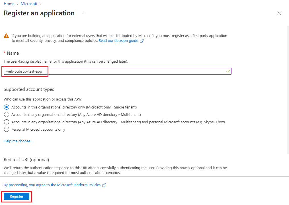 Screenshot of registering an application.