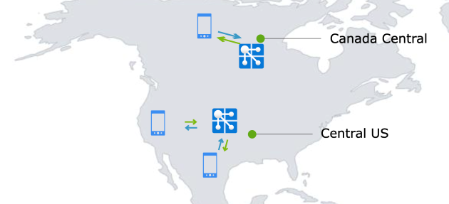 Diagram menggunakan dua instans Azure Web PubSub untuk menangani lalu lintas dari dua negara. 