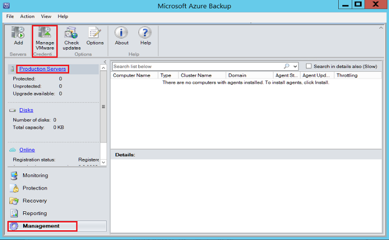 Cuplikan layar memperlihatkan konsol Azure Backup Server.
