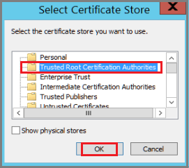 Cuplikan layar memperlihatkan cara memilih folder tujuan sertifikat.