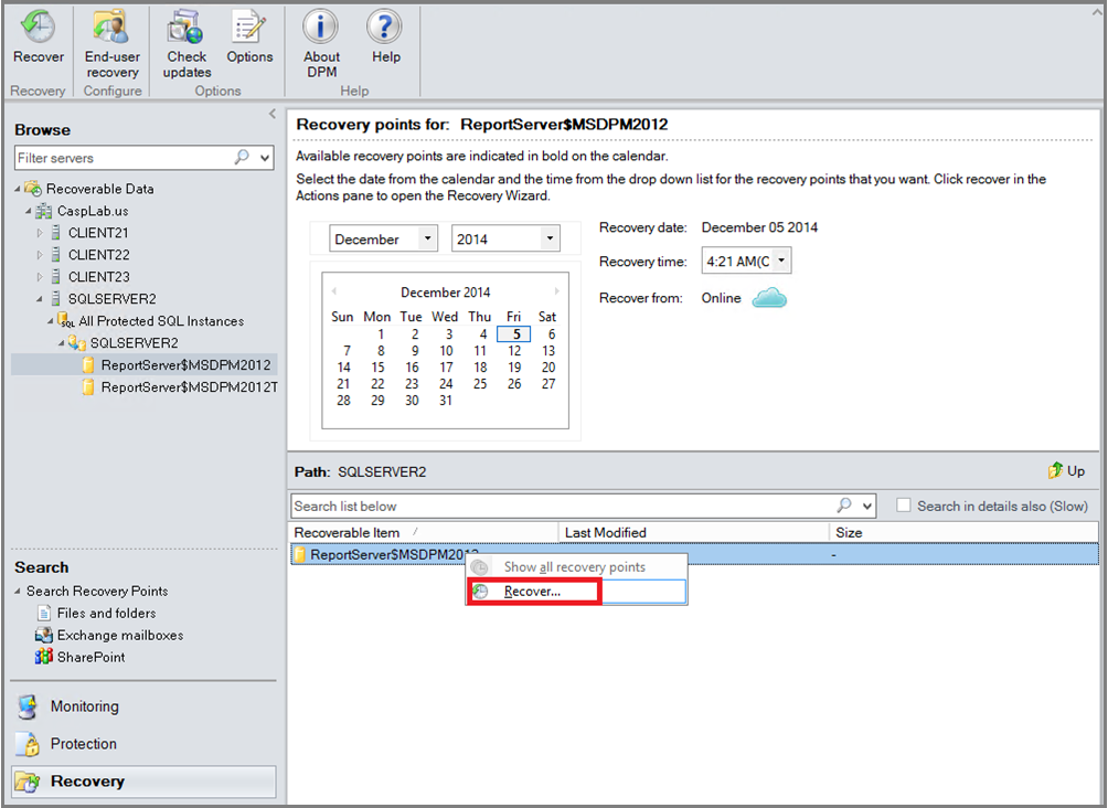 Cuplikan layar memperlihatkan cara memulihkan database dari Azure.