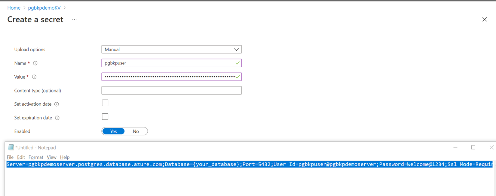 Cuplikan layar memperlihatkan opsi untuk membuat server P G rahasia string koneksi.