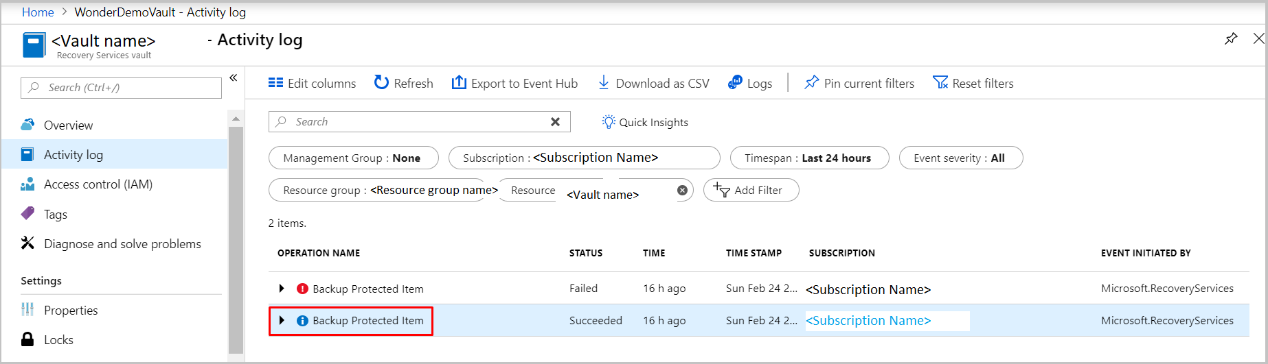 Pemfilteran untuk menemukan log aktivitas untuk cadangan Azure VM