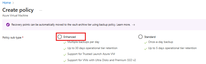 Cuplikan layar yang memperlihatkan memilih subjenis kebijakan cadangan sebagai Ditingkatkan.