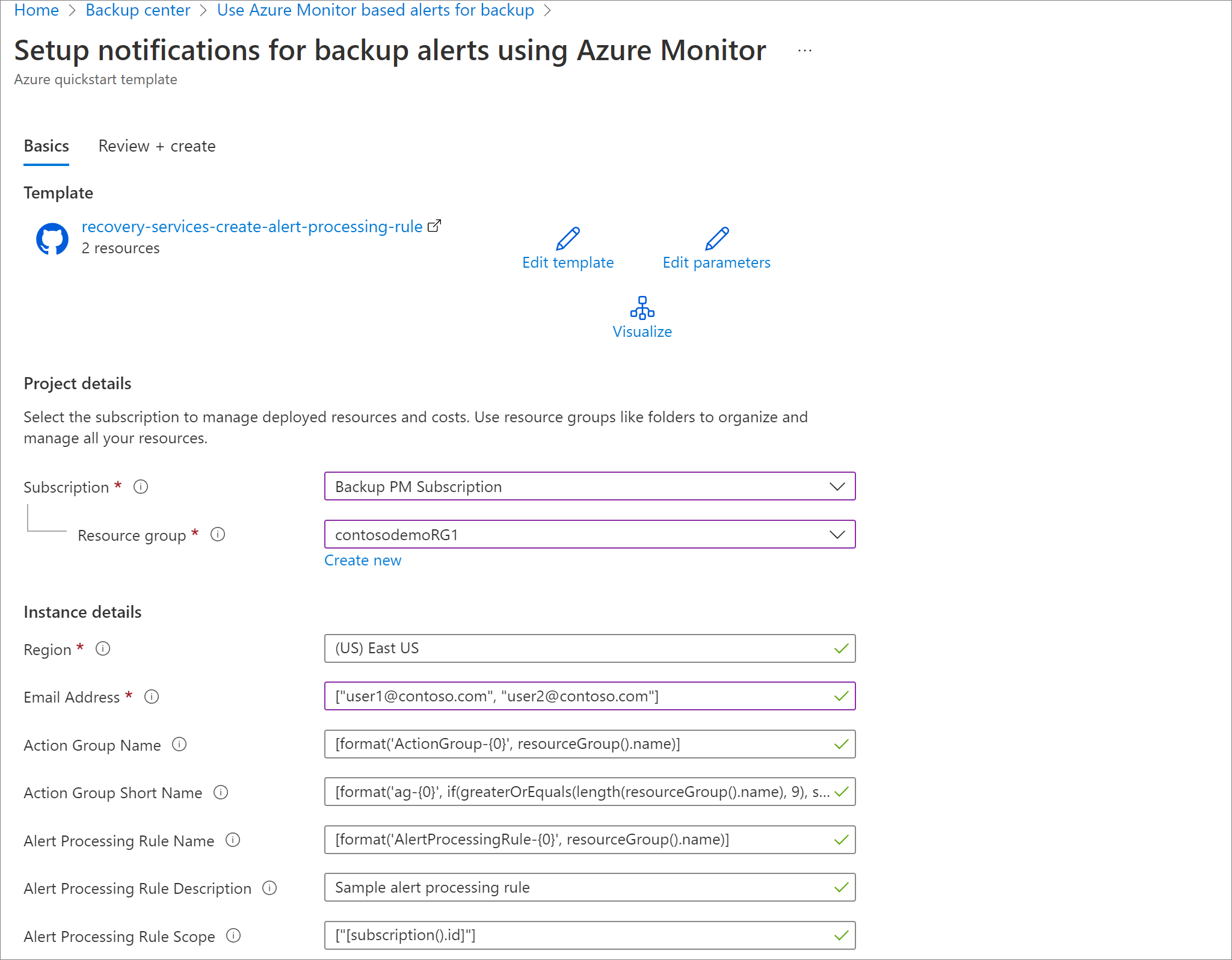 Cuplikan layar menampilkan parameter templat untuk menyiapkan aturan notifikasi untuk peringatan Azure Monitor.