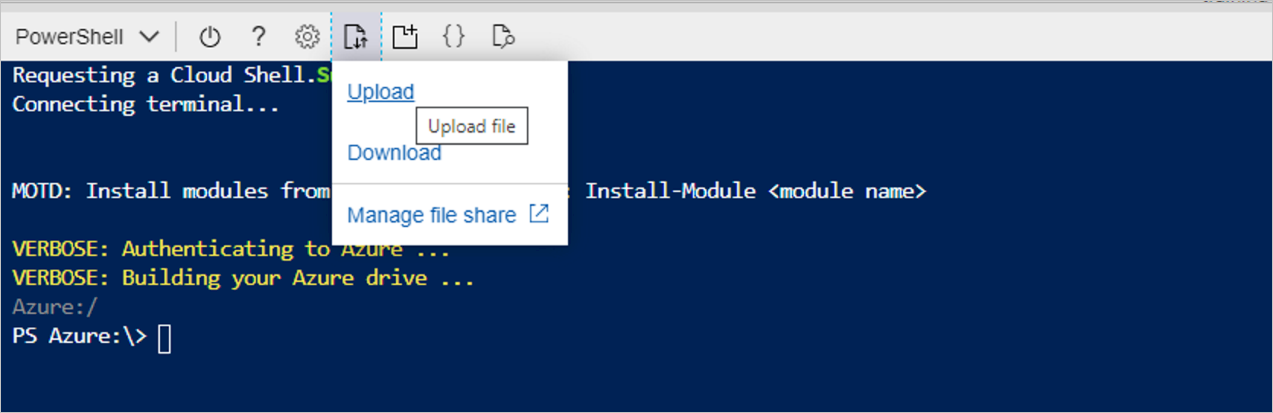 Pilih Unggah file di jendela PowerShell