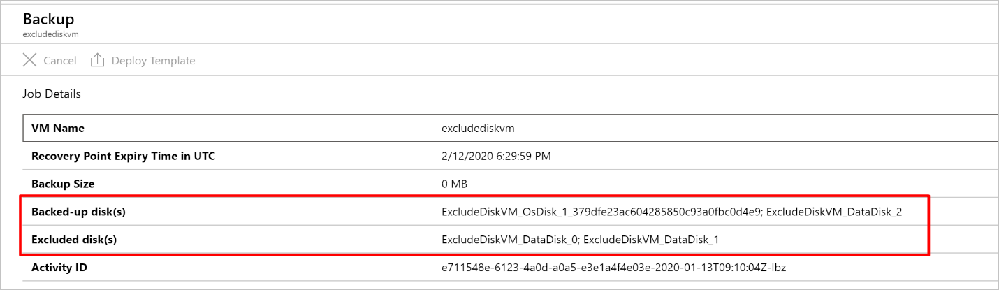 Cuplikan layar yang memperlihatkan disk yang disertakan dan dikecualikan pada panel Detail Pekerjaan.