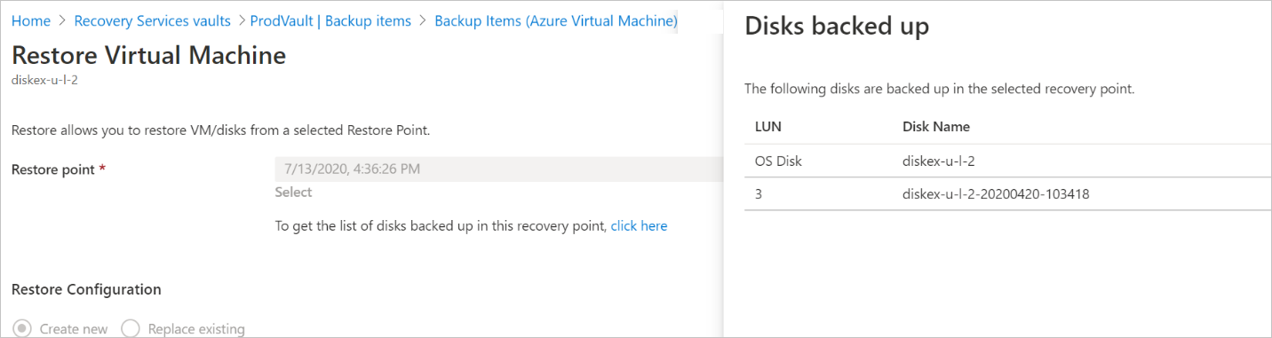 Cuplikan layar yang memperlihatkan bahwa opsi pemulihan VM dan Ganti yang sudah ada tidak tersedia selama operasi pemulihan.