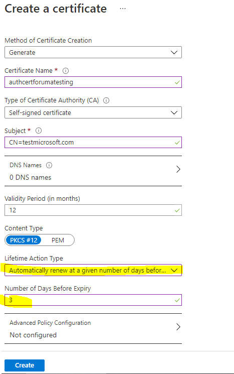 Cuplikan layar pembuatan sertifikat di portal Azure.