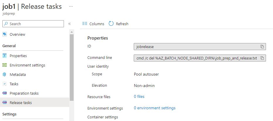 Cuplikan layar memperlihatkan properti tugas pelepasan kerja di portal Azure.
