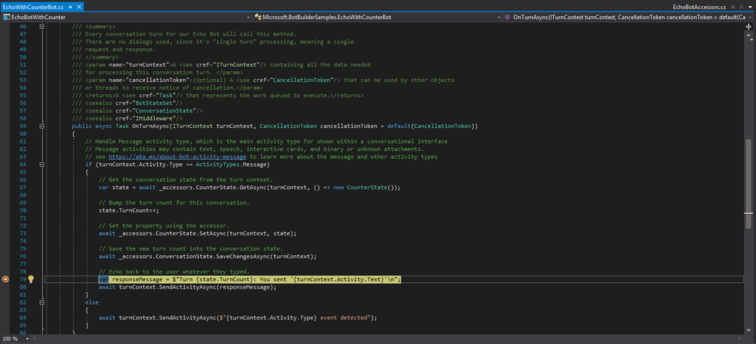 Cuplikan layar bot C# di Visual Studio, dijeda pada titik henti.