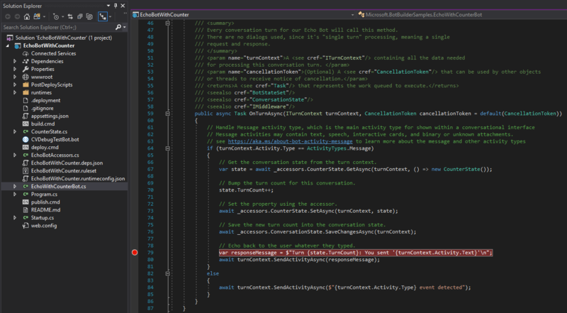 Cuplikan layar titik henti C# yang diatur di Visual Studio.
