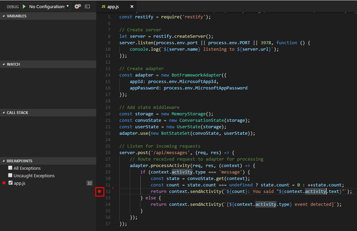 Cuplikan layar titik henti JavaScript yang diatur di Visual Studio Code.
