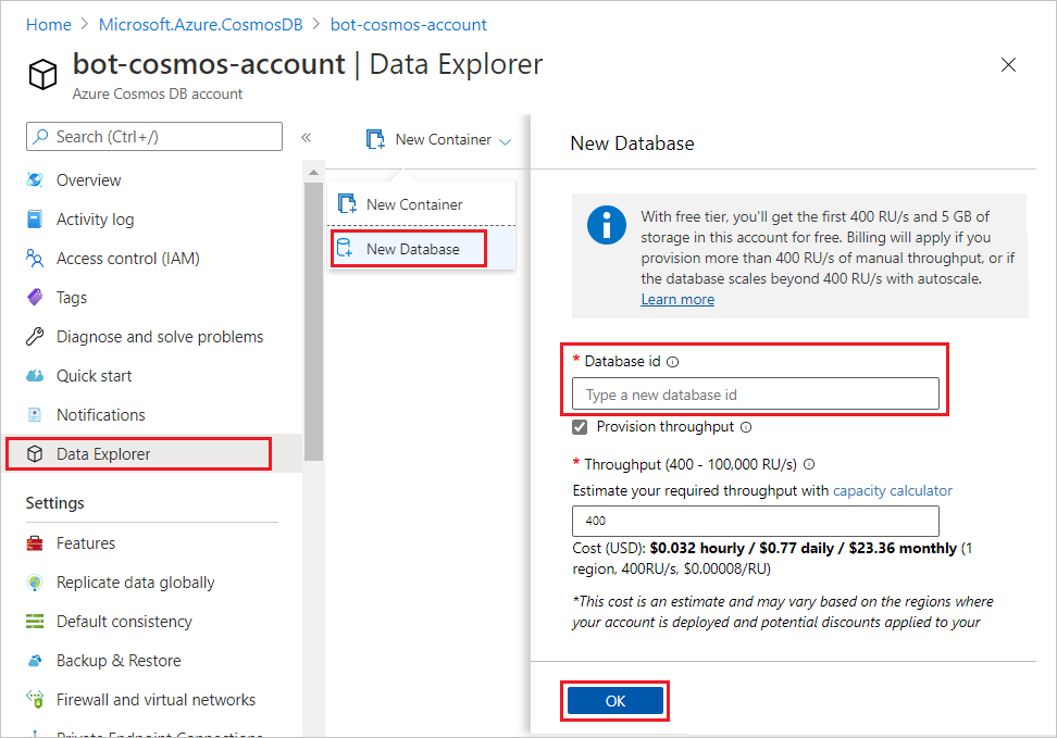 Cuplikan layar pembuatan database Cosmos DB Anda.