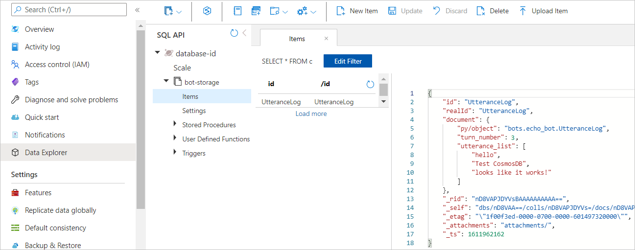 Cuplikan layar Data Explorer di portal Azure.