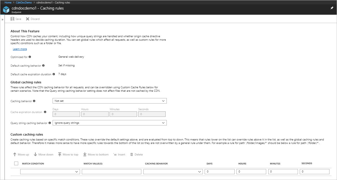 Cuplikan layar halaman aturan penembolokan jaringan pengiriman konten.