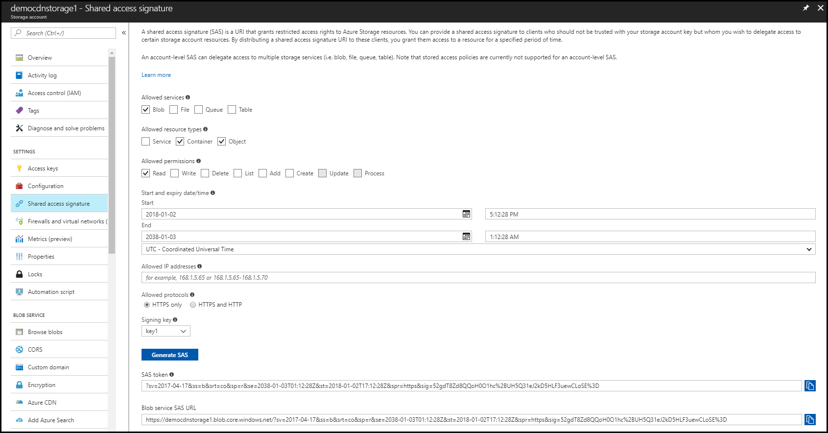 Cuplikan layar pengaturan SAS jaringan pengiriman konten.