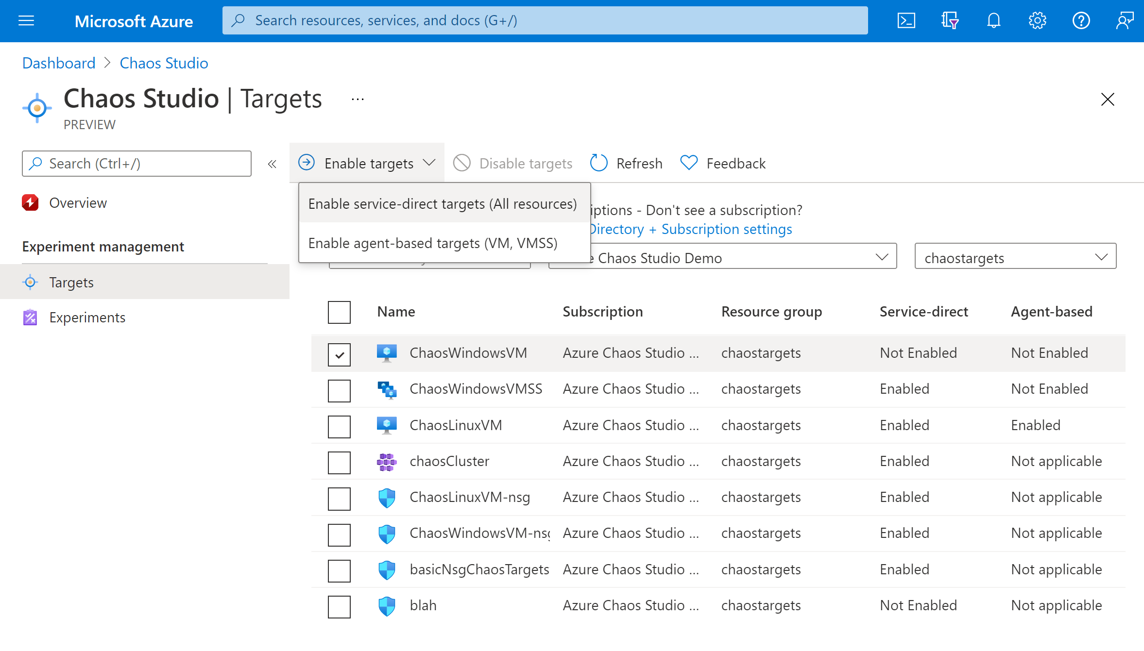 Cuplikan layar yang memperlihatkan tampilan Target di portal Azure.