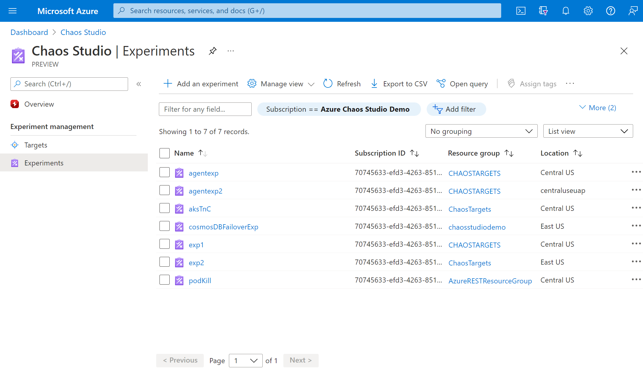 Cuplikan layar yang memperlihatkan tampilan Eksperimen di portal Azure.