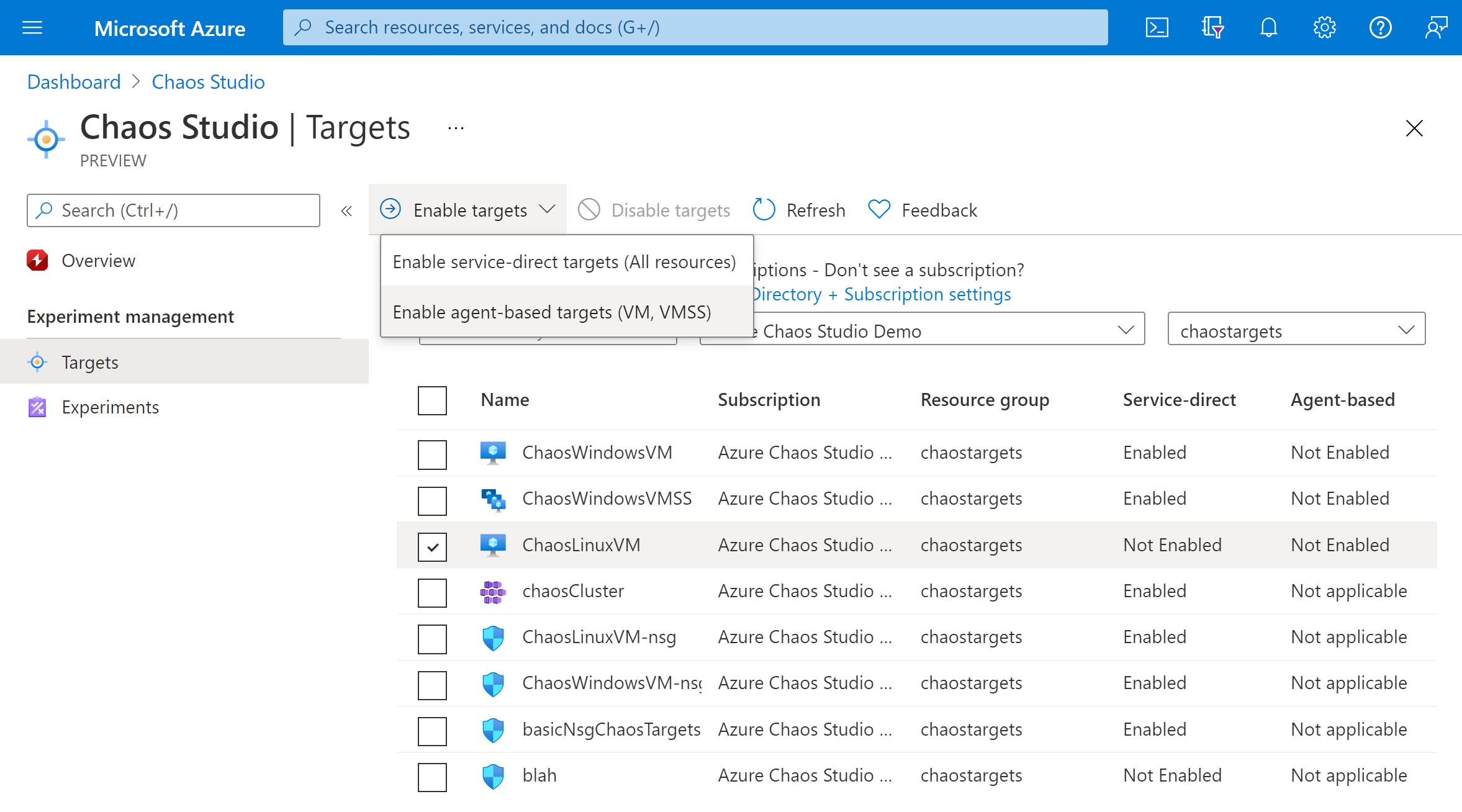 Cuplikan layar yang memperlihatkan mengaktifkan target di portal Azure.