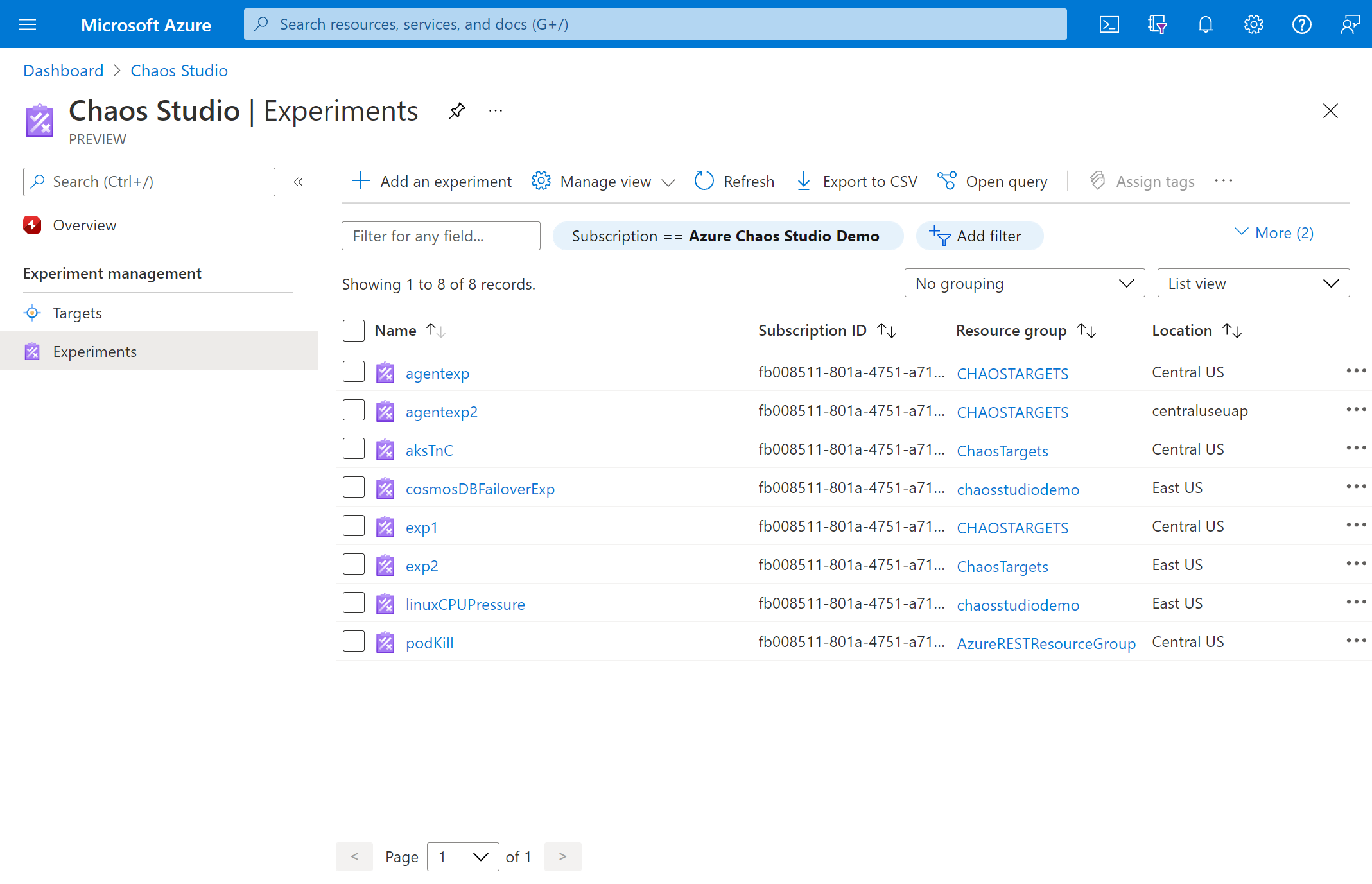 Cuplikan layar yang memperlihatkan tampilan Eksperimen di portal Azure.