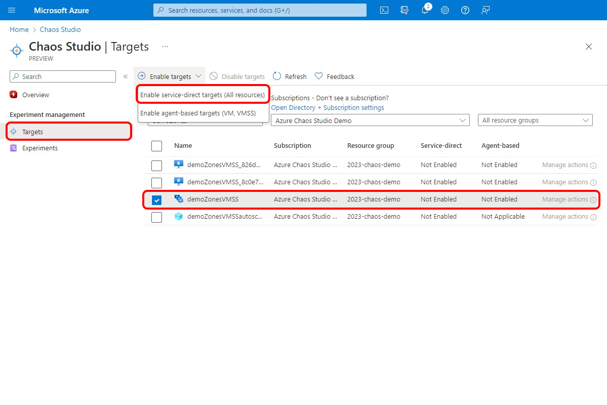 Screenshot that shows the Targets screen in Chaos Studio, with the virtual machine scale set resource selected.