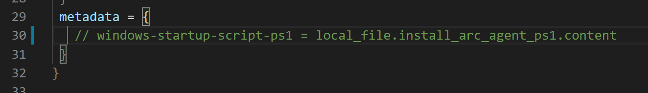 A screenshot showing main.tf being commented out to disable automatic onboarding of an Azure Arc agent.