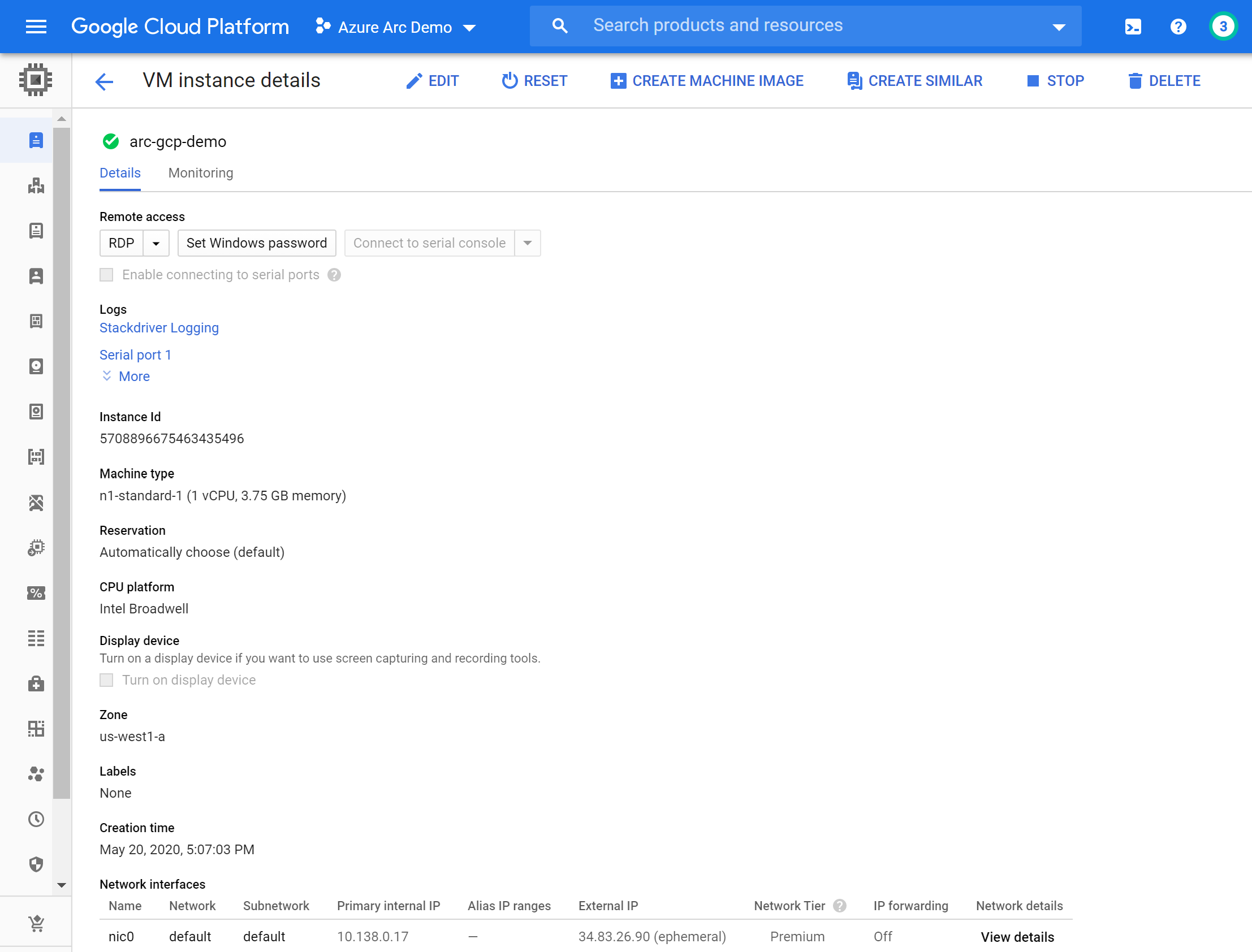 A screenshot showing how to reset a password for a Windows Server in the GCP console.