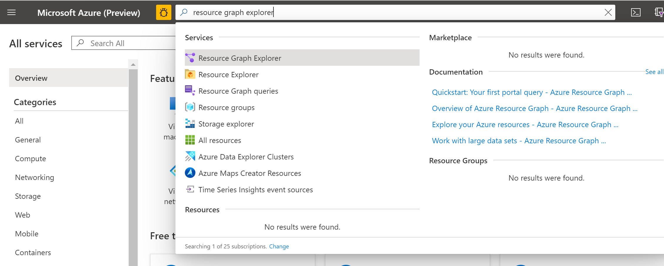 Cuplikan layar Resource Graph Explorer di portal Azure.