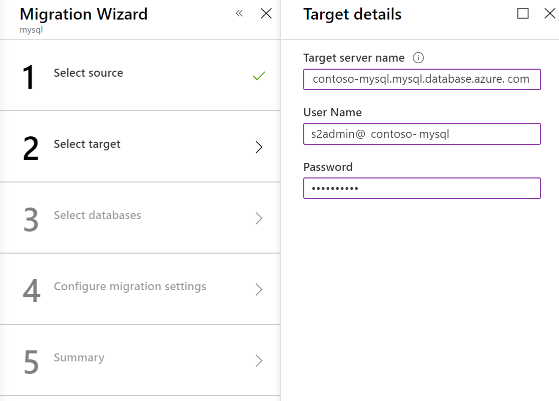 Cuplikan layar panel Detail target wizard migrasi.