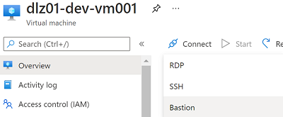 Cuplikan layar panel Gambaran Umum untuk menyambungkan ke VM dengan menggunakan Azure Bastion.