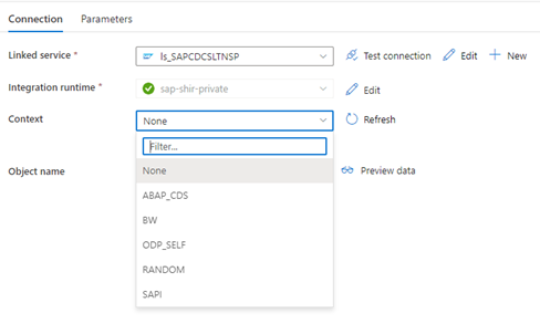 Cuplikan layar yang memperlihatkan layanan tertaut Data Factory.