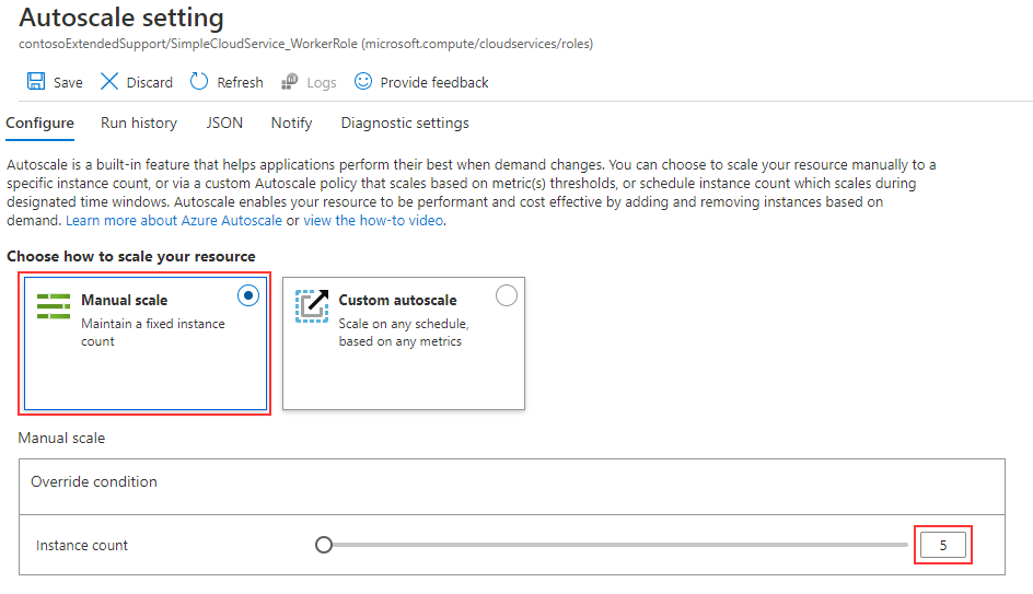 Gambar menampilkan proses penyiapan penskalaan manual di portal Microsoft Azure