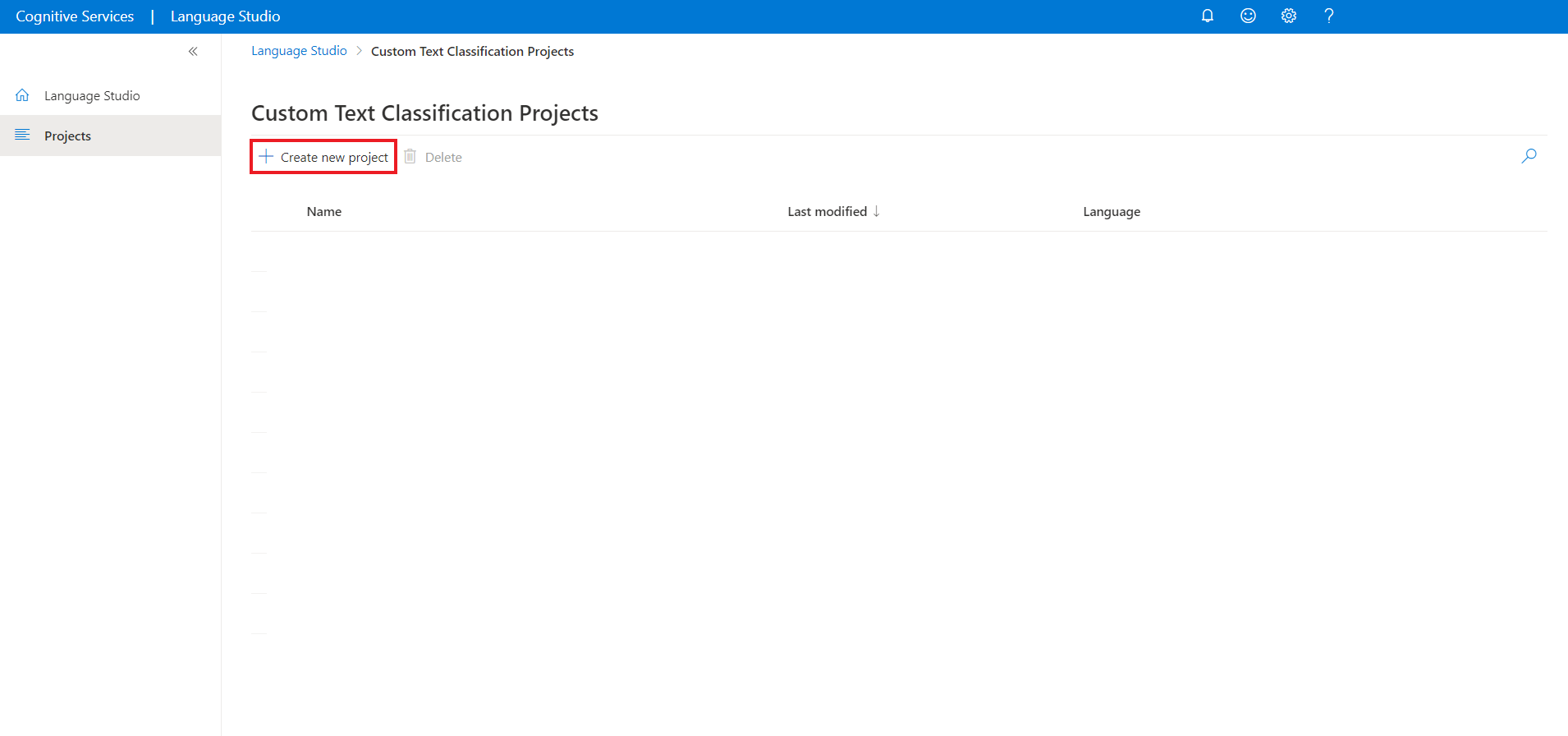 A screenshot of the custom text classification project creation page.