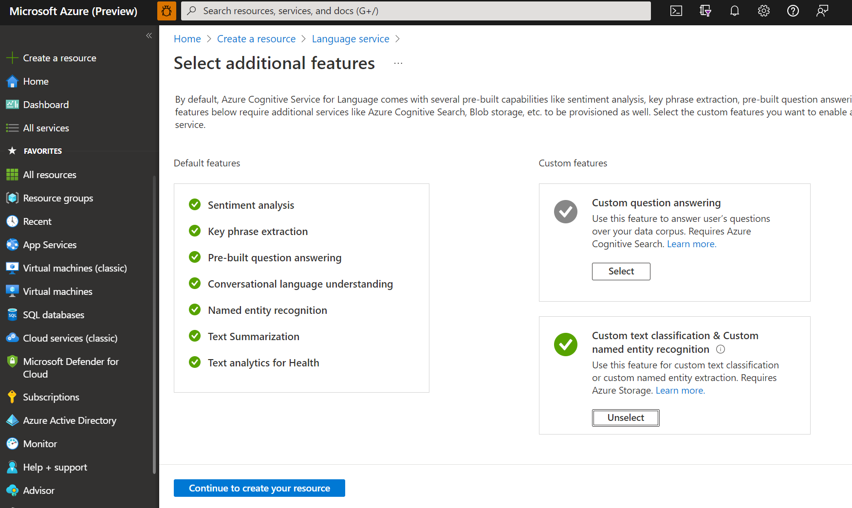 Cuplikan layar menampilkan klasifikasi teks kustom & pengenalan entitas bernama kustom di portal Microsoft Azure.
