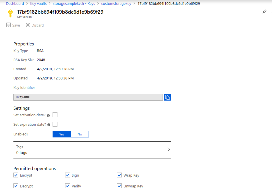Cuplikan layar halaman portal Azure untuk versi kunci. Kotak Pengidentifikasi Kunci berisi tempat penampung untuk URI kunci.