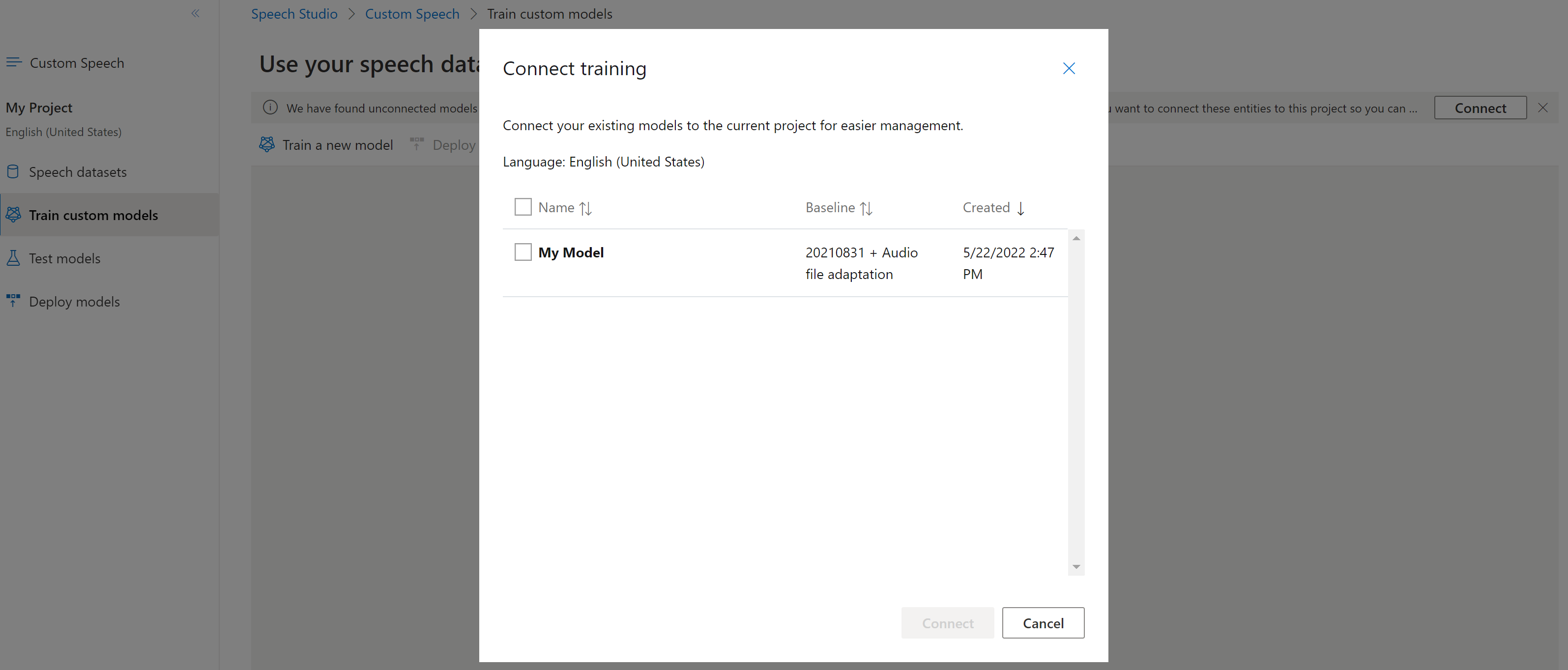 Cuplikan layar halaman pelatihan koneksi yang menunjukkan model yang dapat disambungkan ke proyek saat ini.