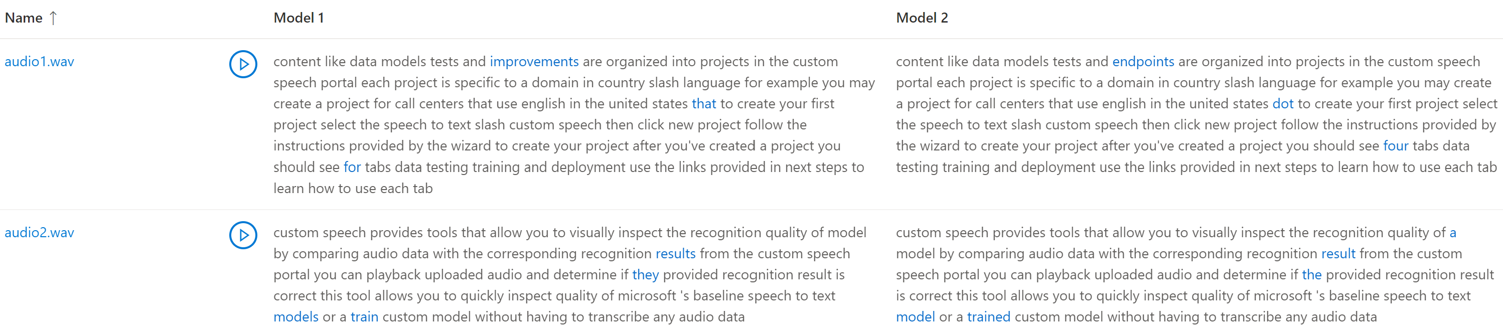 Cuplikan layar perbandingan transkripsi berdasarkan dua model
