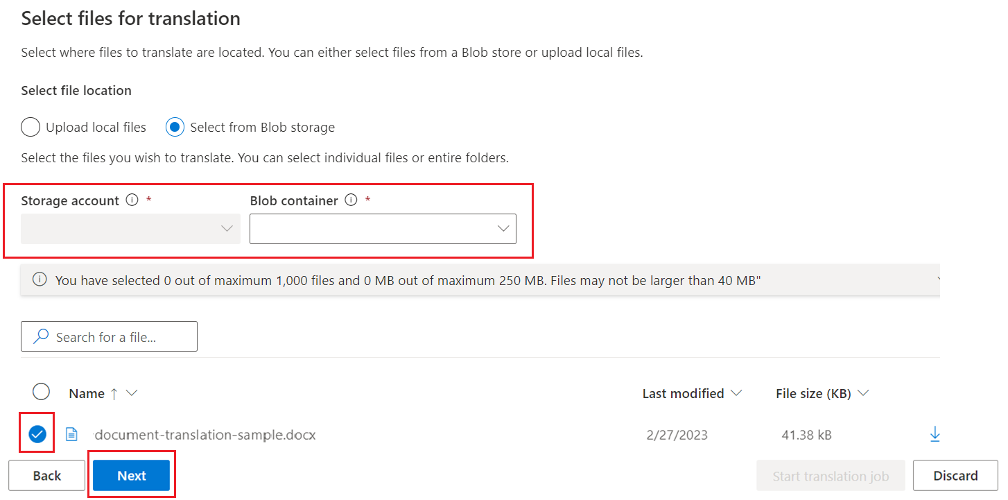 Cuplikan layar pilih file dari kontainer blob Anda.
