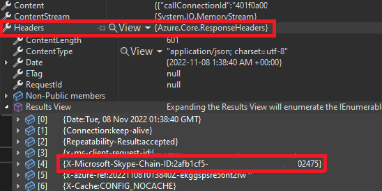 Cuplikan layar header respons memperlihatkan X-Ms-Skype-Chain-Id.