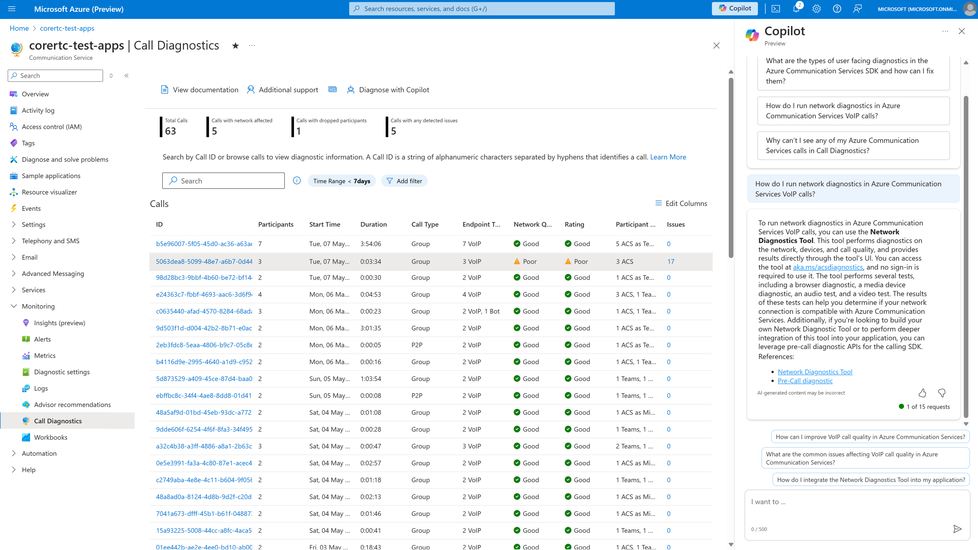 Cuplikan layar Pencarian Panggilan Diagnostik Panggilan memperlihatkan panggilan terbaru untuk Sumber Daya Azure Communications Services Anda dan respons dari Copilot di Azure.