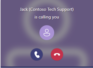 Cuplikan layar klien desktop Microsoft Teams, panggilan Jack dikirim ke pengguna Microsoft Teams melalui pemberitahuan toast panggilan masuk.