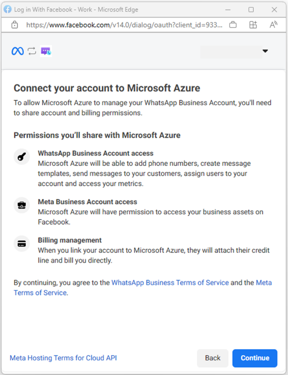 Cuplikan layar yang memperlihatkan izin Azure untuk akun WhatsApp Business Anda.