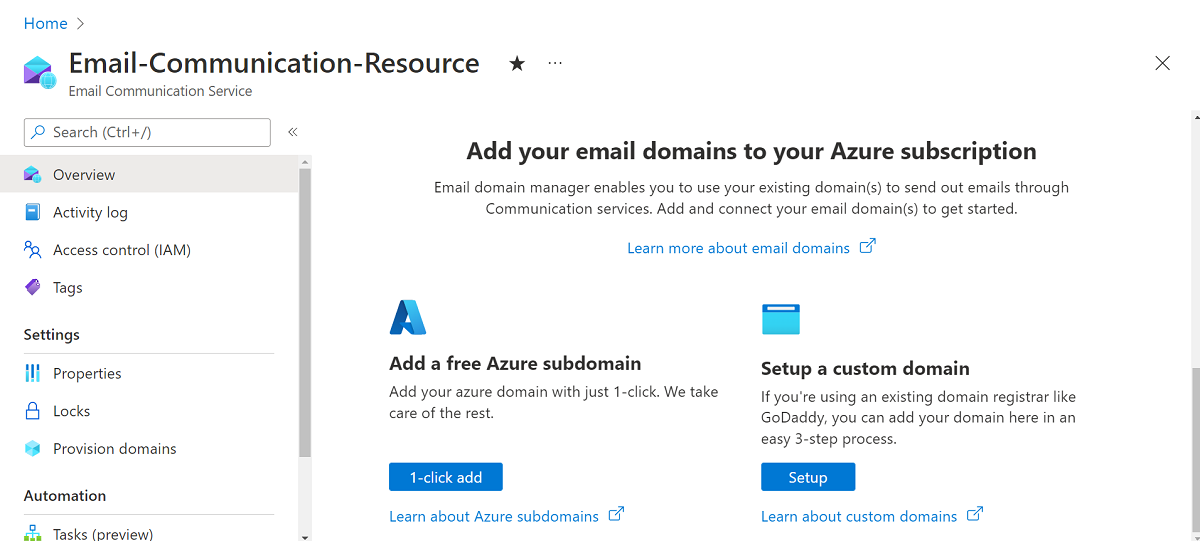 Cuplikan layar yang memperlihatkan gambaran umum sumber daya Layanan Komunikasi Email.