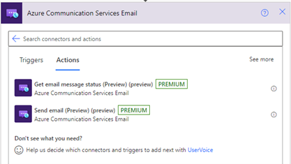 Cuplikan layar yang memperlihatkan tindakan Kirim email konektor Email Azure Communication Services.