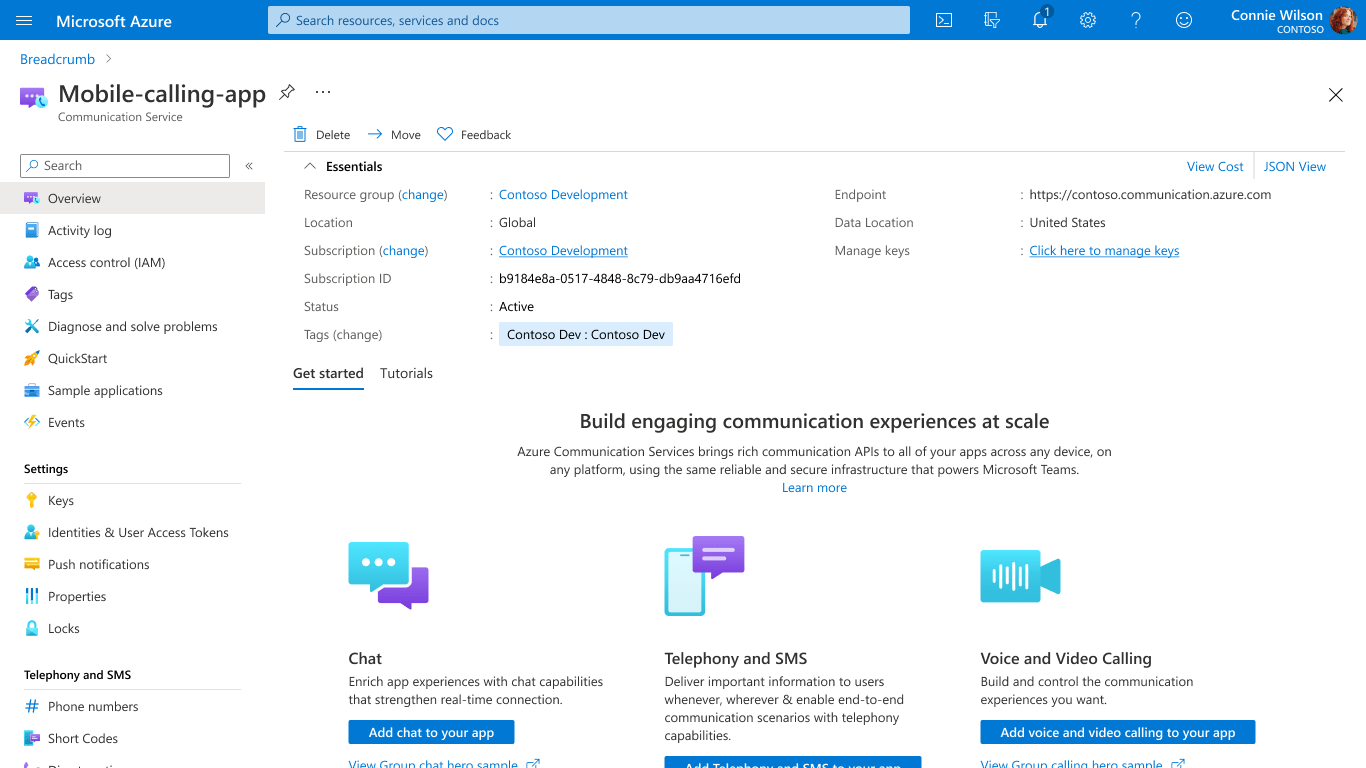 Cuplikan layar memperlihatkan halaman utama sumber daya Communication Services.