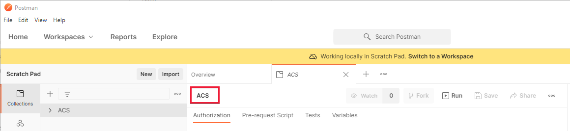 Cuplikan layar yang memperlihatkan Postman dengan koleksi Communication Services yang terbuka dan nama koleksi disorot.
