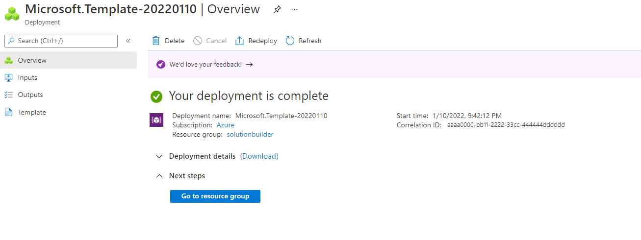 Cuplikan layar Templat Azure Resource Manager yang telah selesai.