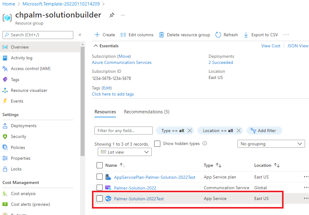 Cuplikan layar sumber daya azure yang diproduksi di portal microsoft Azure.